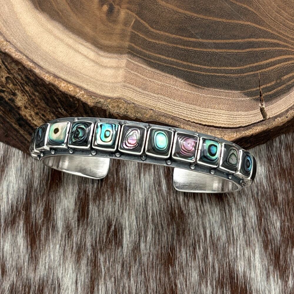 FEDERICO JIMENEZ Sterling Silver Abalone 20-Stone Cuff Bracelet Stamps 0.5" Wide